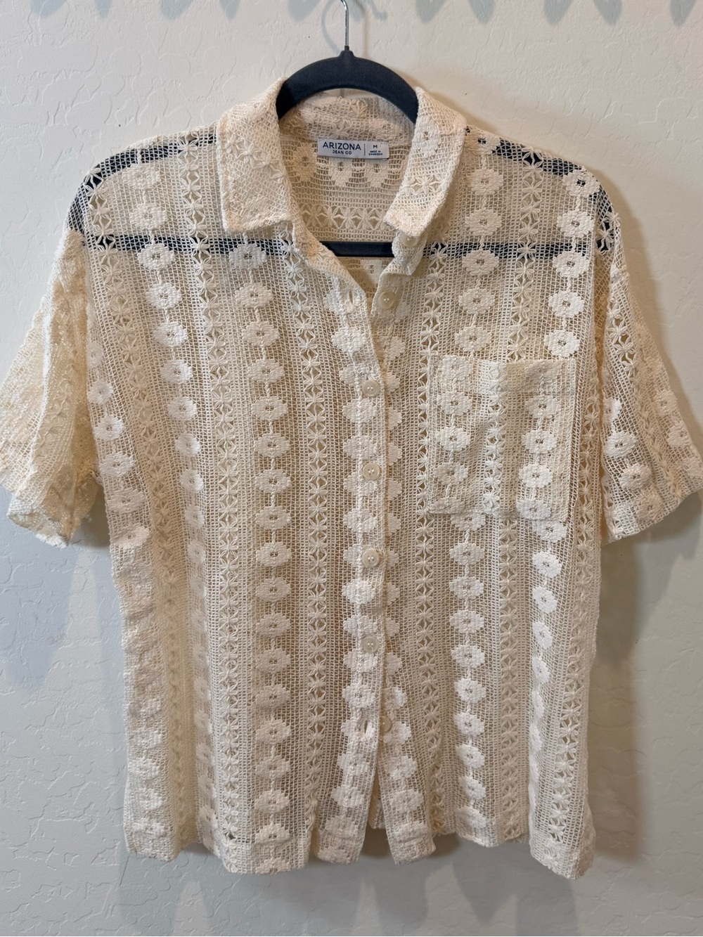 Arizona Jean Company Cream Crochet Short-Sleeve Button-Down Shirt